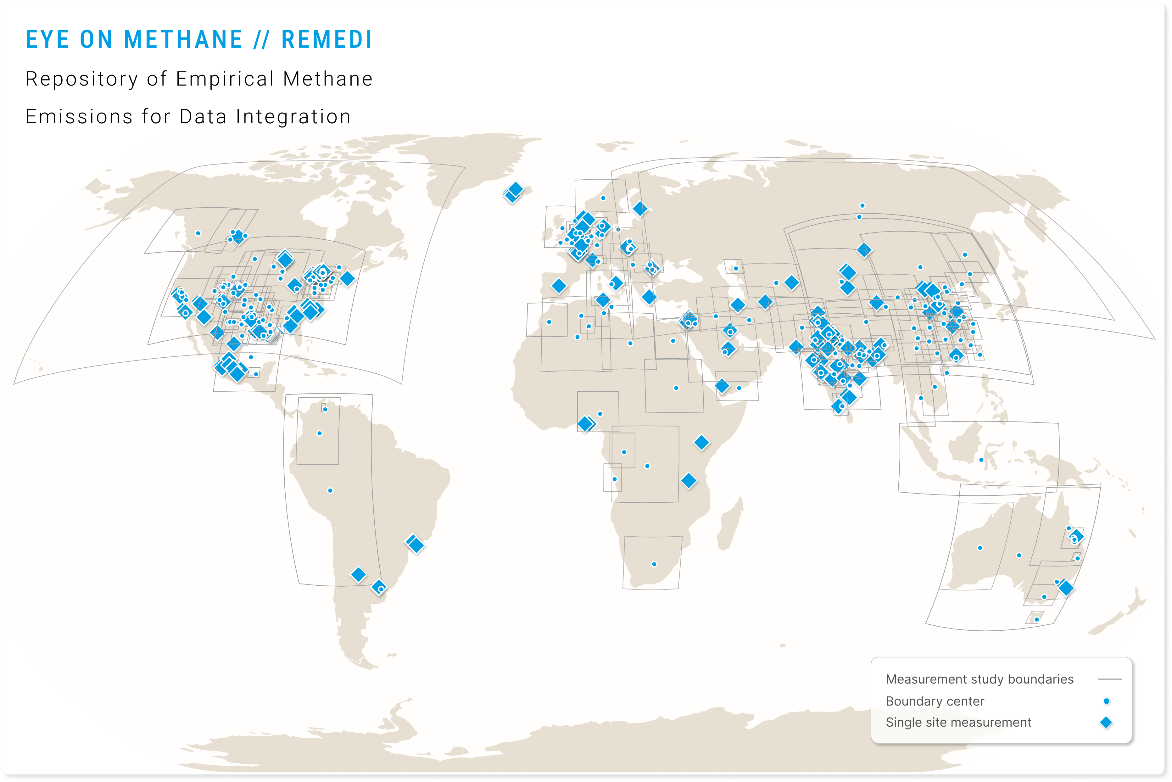 The map provides the current spatial coverage of REMEDI. Until the full REMEDI data set goes live on the Eye on Methane data platform, IMEO's curation of each entry will be verified via engagement with data providers. More entries will be added over time.