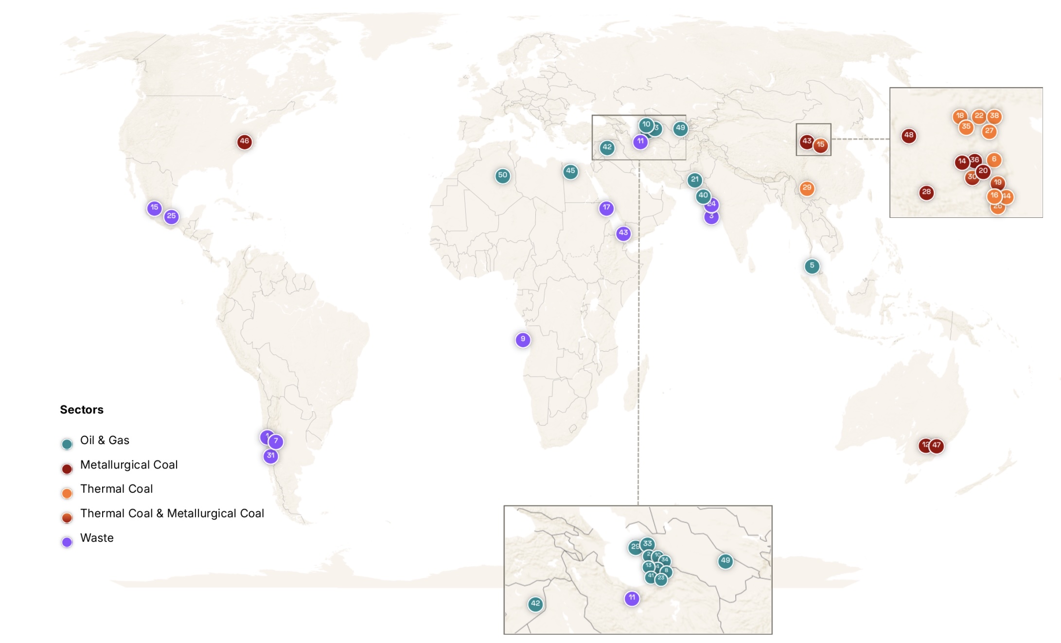 A map of the top 50 methane sources globally, from the April 2026 snapshot.
